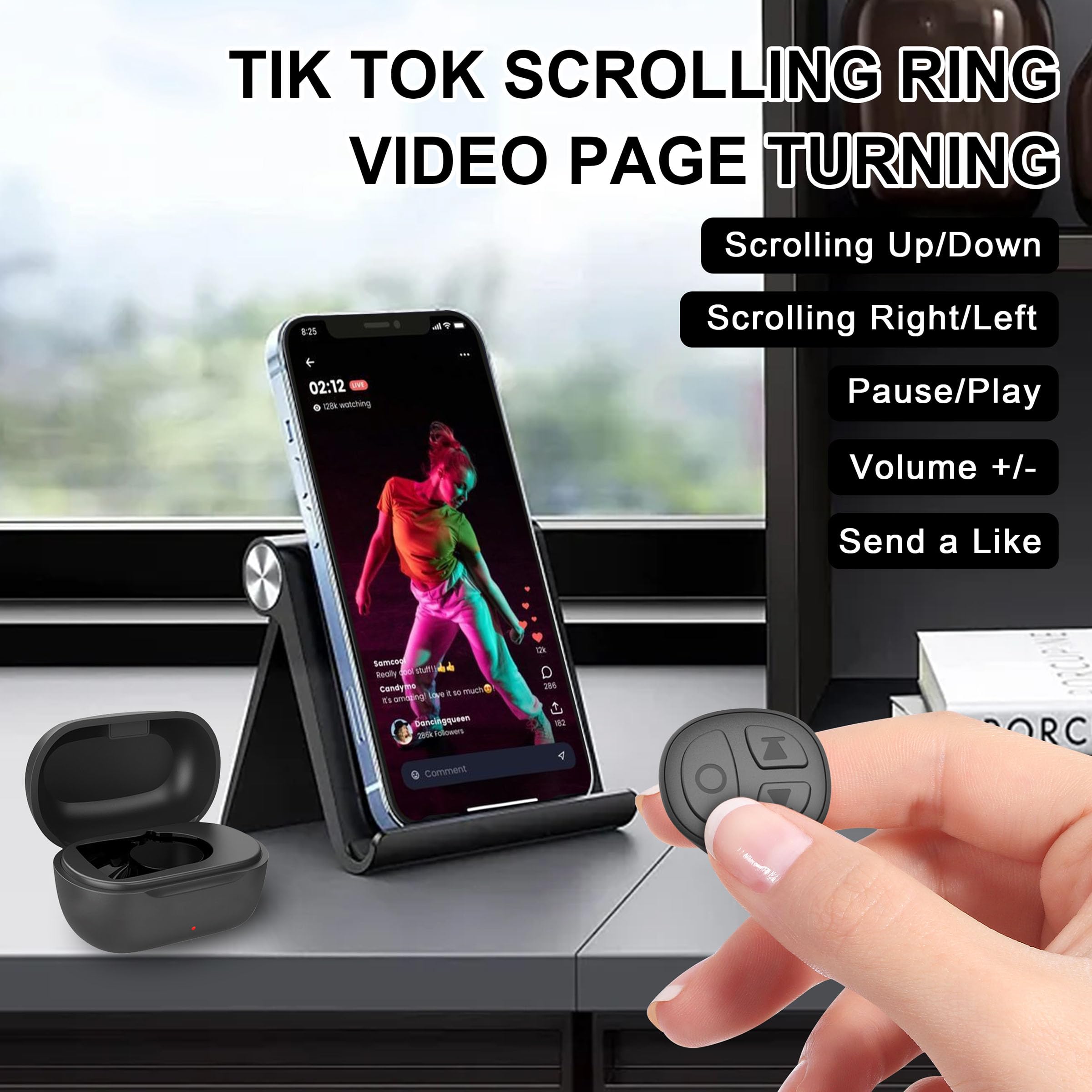 Tiktok Scrolling Ring, Bluetooth Camera Remote Control, Scrolling Ring Remote for iPhone TikTok FB YouTube IG Android Phone, Fingertip Wireless Scroller Page Turner (Baby Pink)