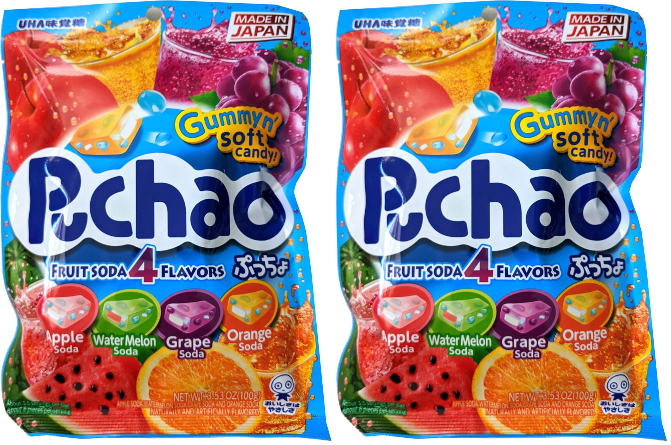 Puchao Japanese Chewy Candy, 4 Fruit Soda Flavors - Apple, Watermelon, Grape, Orange, Soft Candy with Fizzy Gummy Bits Inside, As Seen on TikTok, Variety Pack, Product of Japan