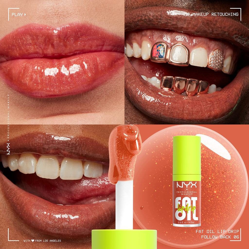 NYX PROFESSIONAL MAKEUP Fat Oil Lip Drip, Moisturizing Lip Oil Gloss, Vegan Tinted Formula, Up to 12 HR Hydration - Follow Back (Shimmering Warm Nude)